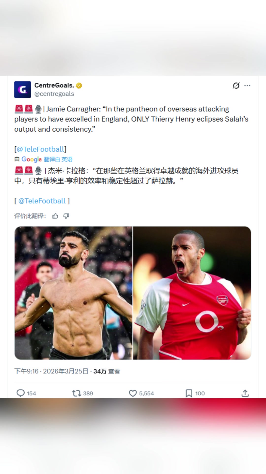 卡拉格英超外籍球員中只有亨利的效率和穩定性超過了薩拉赫